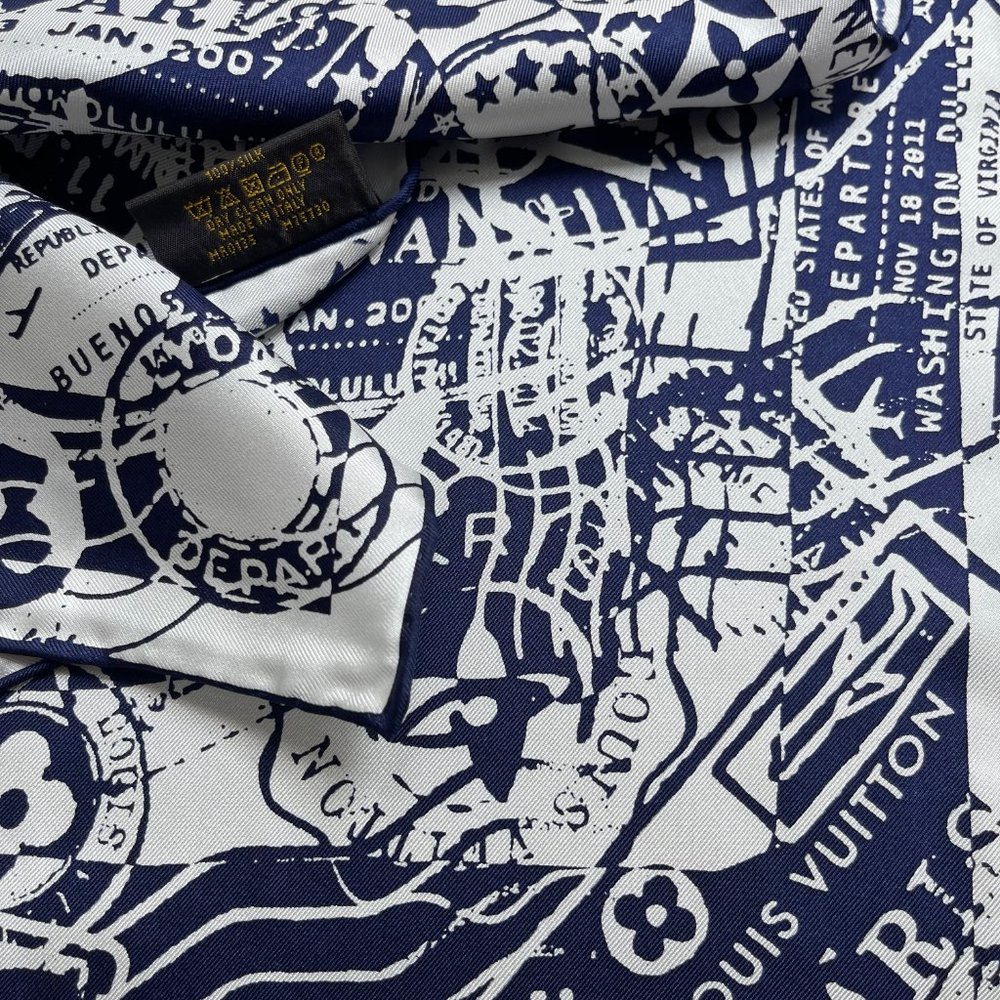 New Louis Vuitton Scarf Luggage Travel Stamps Blue Silk Scarf Wrap - Picture 10 of 14